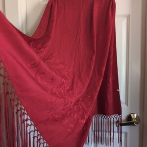 Red 100% silk wrap scarf with fringe and embroidery